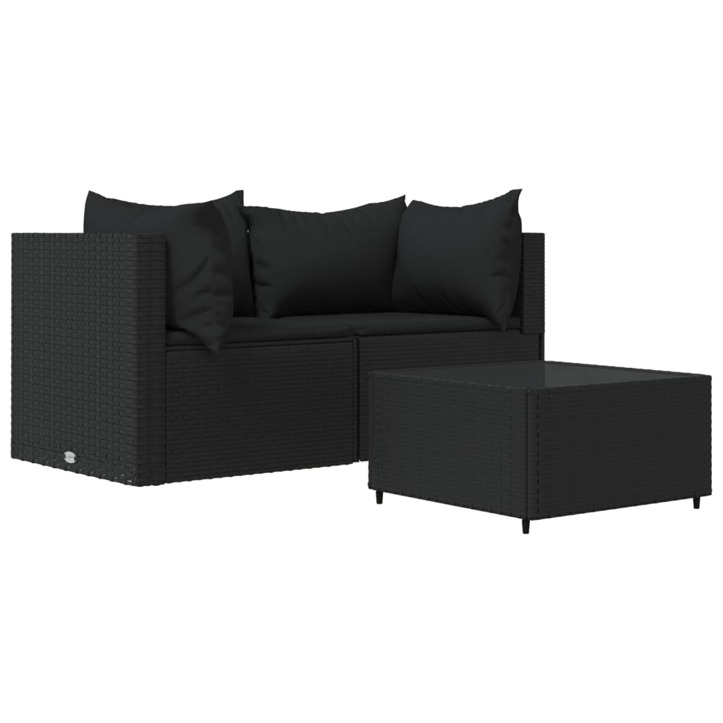 vidaXL 3 Piece Patio Lounge Set with Cushions Black Poly Rattan