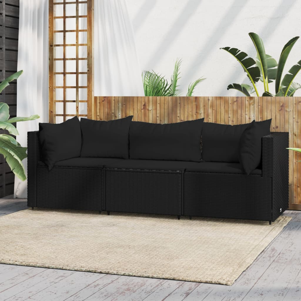 vidaXL 3 Piece Patio Lounge Set with Cushions Black Poly Rattan