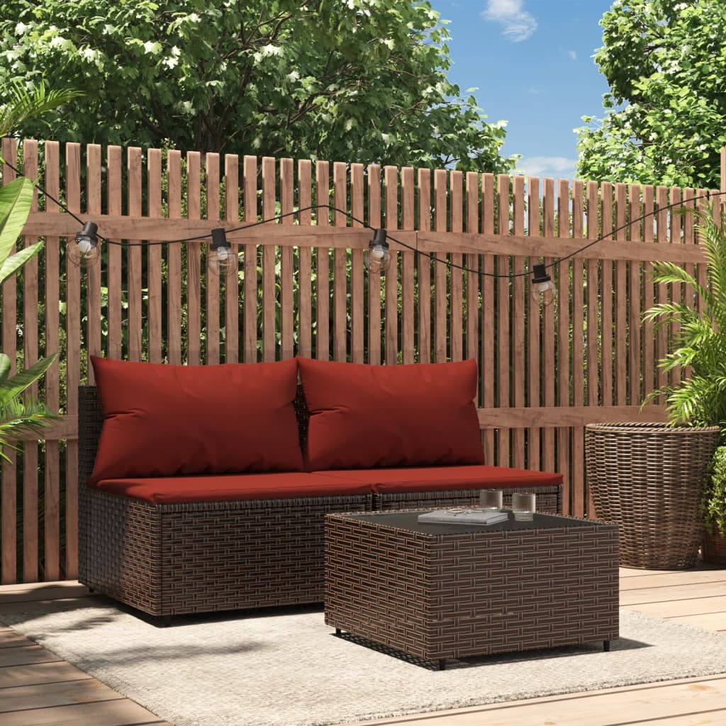 vidaXL 3 Piece Patio Lounge Set with Cushions Brown Poly Rattan