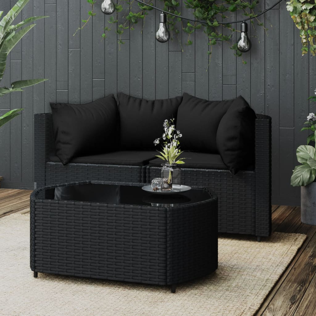 vidaXL 3 Piece Patio Lounge Set with Cushions Black Poly Rattan