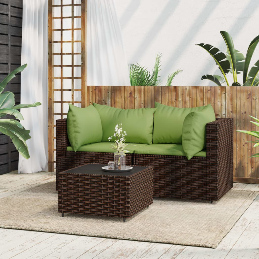 vidaXL 3 Piece Patio Lounge Set with Cushions Brown Poly Rattan