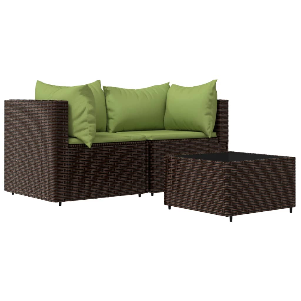 vidaXL 3 Piece Patio Lounge Set with Cushions Brown Poly Rattan