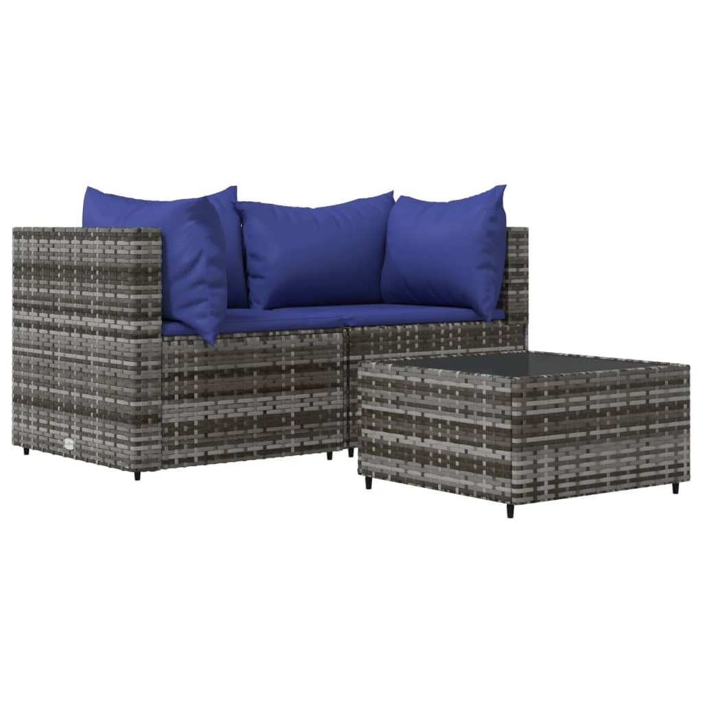 vidaXL 3 Piece Patio Lounge Set with Cushions Gray Poly Rattan