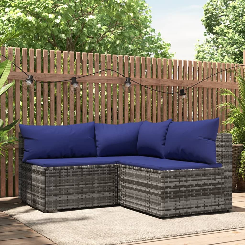 vidaXL 3 Piece Patio Lounge Set with Cushions Gray Poly Rattan