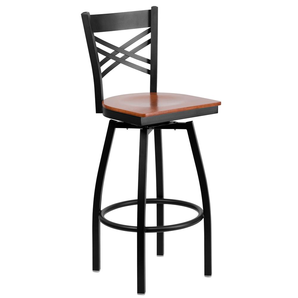 Black ''X'' Back Swivel Metal Barstool - Cherry Wood Seat