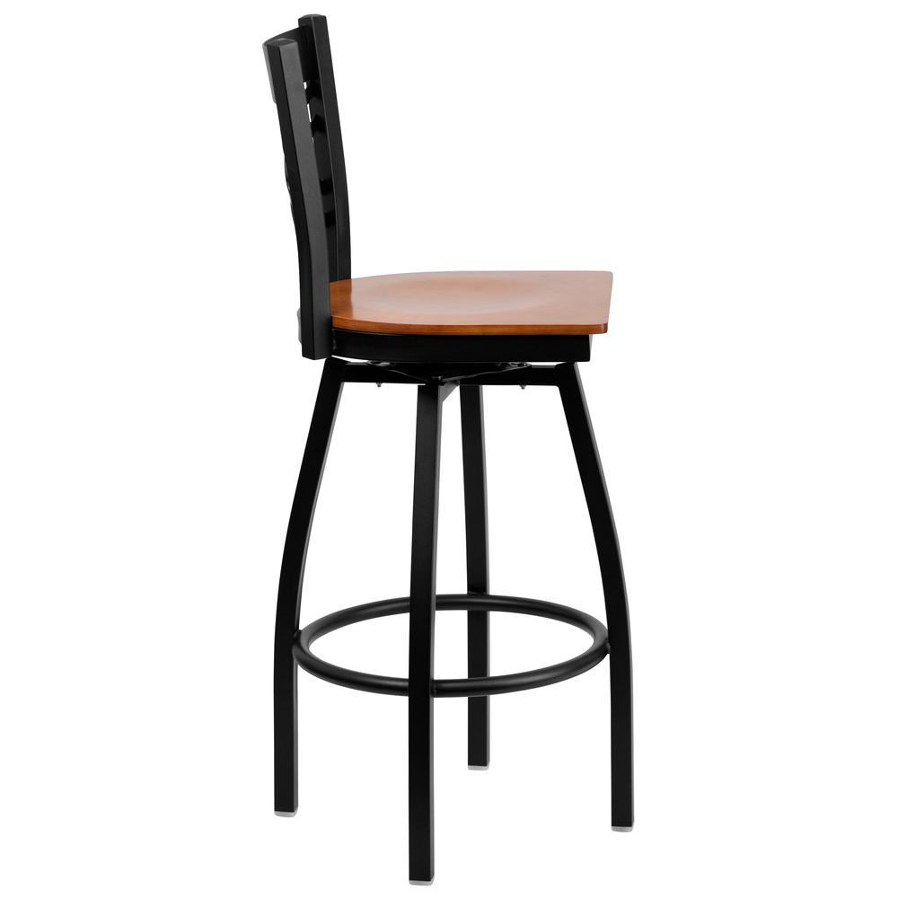 Black ''X'' Back Swivel Metal Barstool - Cherry Wood Seat