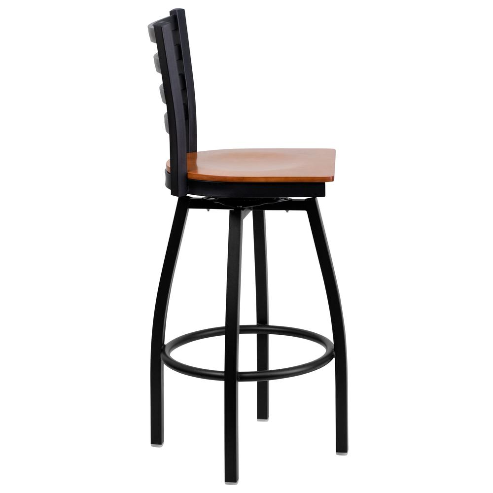 Black Ladder Back Swivel Metal Barstool - Cherry Wood Seat