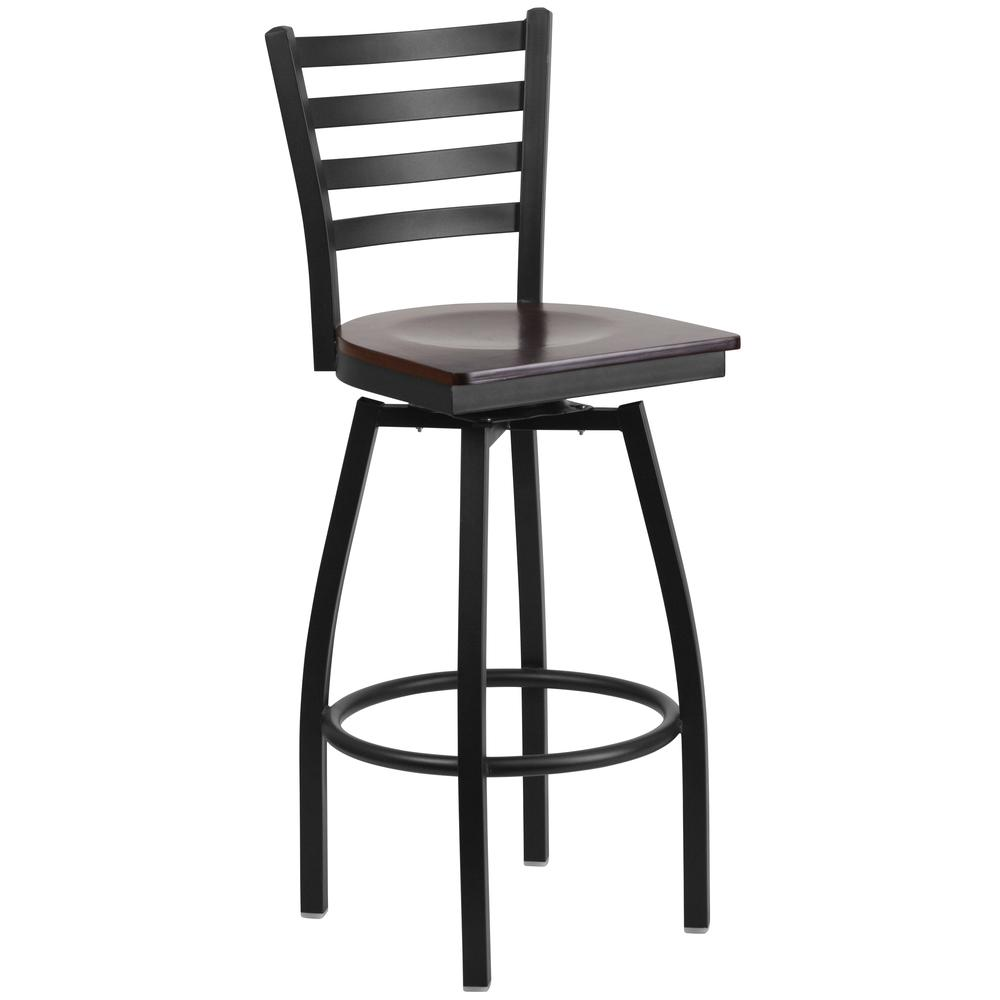 Black Ladder Back Swivel Metal Barstool - Walnut Wood Seat