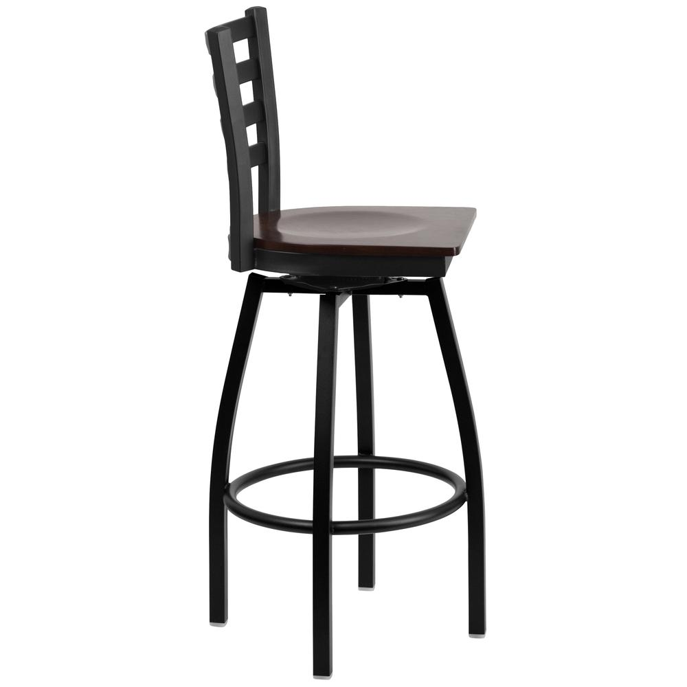 Black Ladder Back Swivel Metal Barstool - Walnut Wood Seat