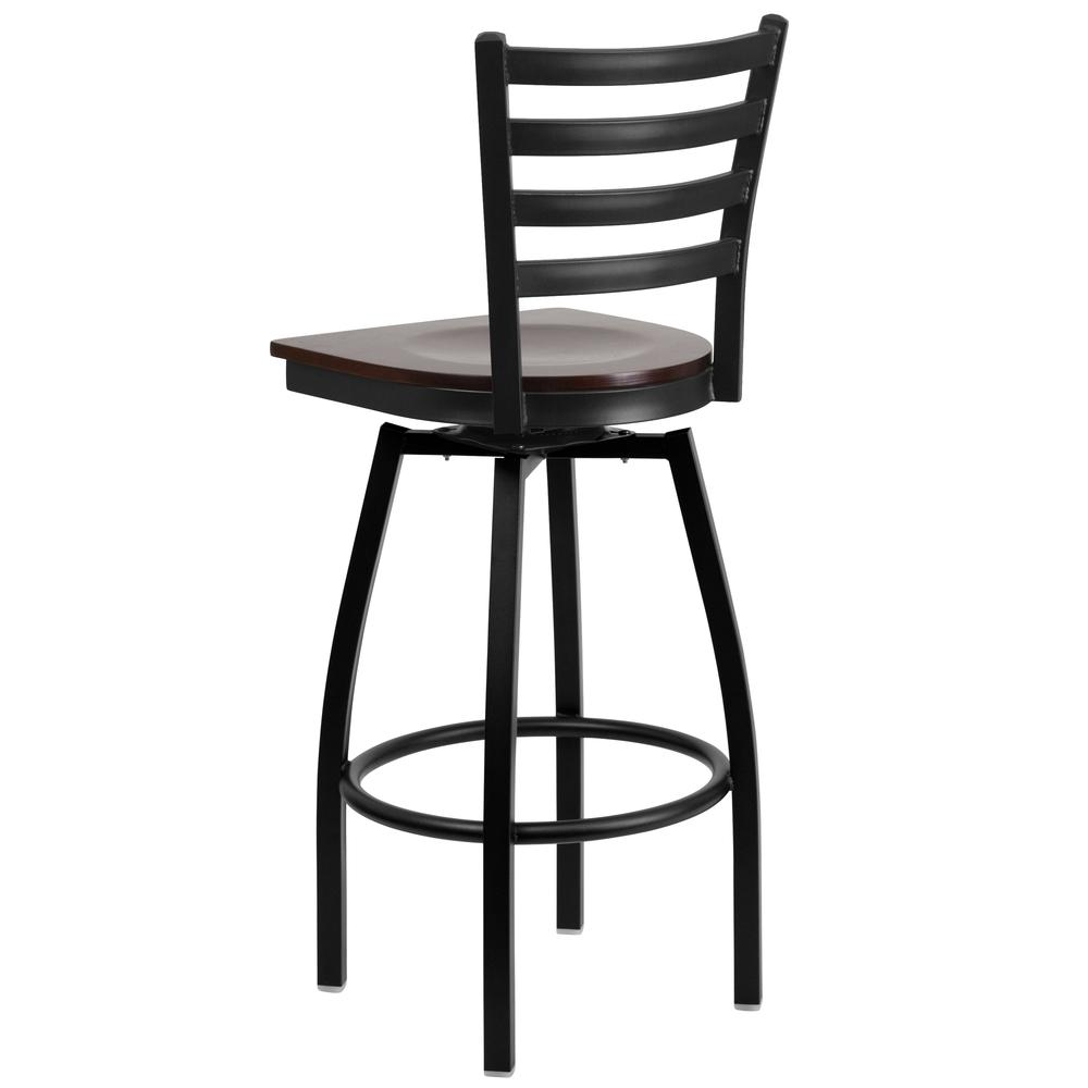 Black Ladder Back Swivel Metal Barstool - Walnut Wood Seat