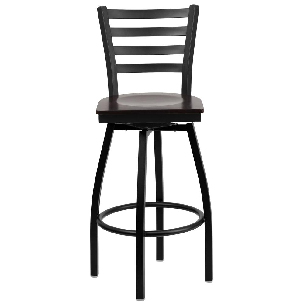 Black Ladder Back Swivel Metal Barstool - Walnut Wood Seat