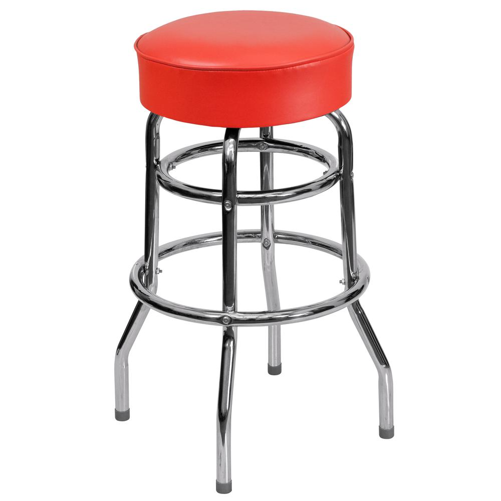 Double Ring Chrome Barstool with Red Seat