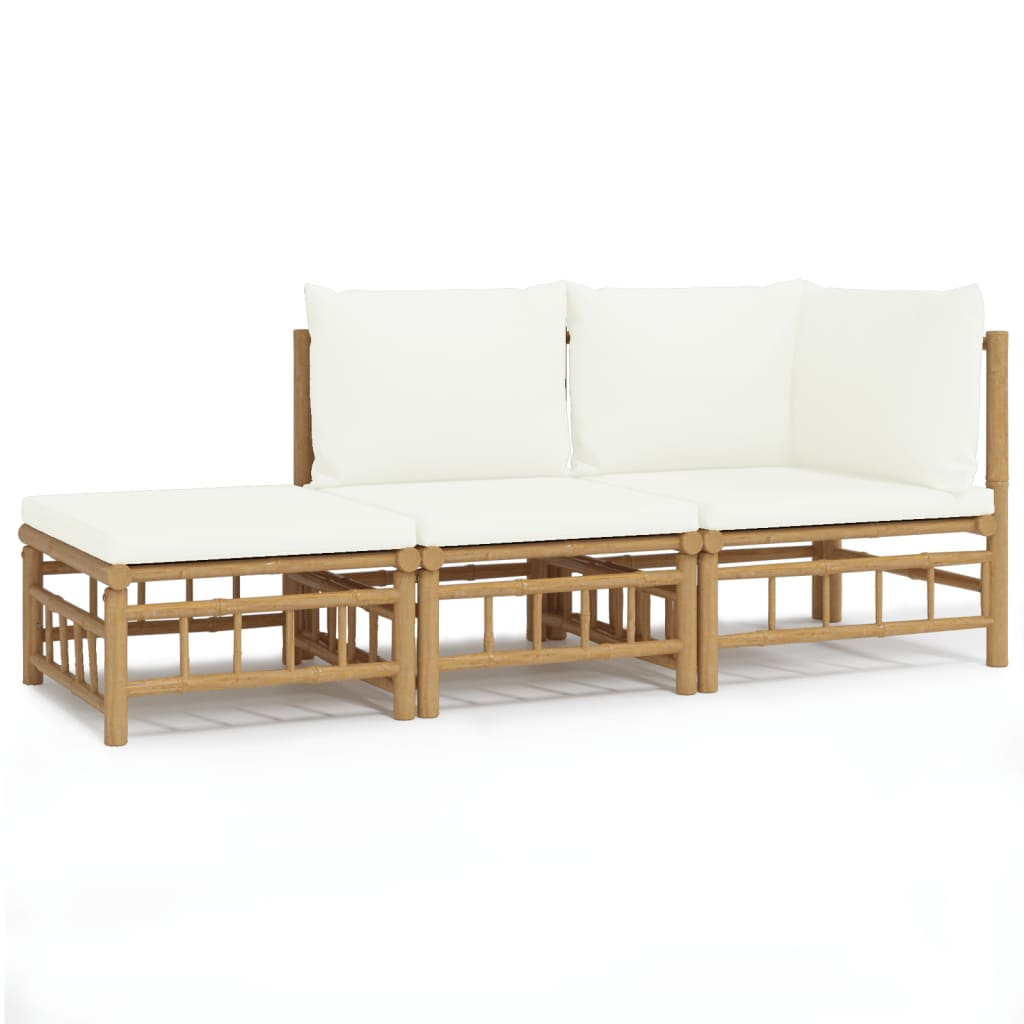 vidaXL 3 Piece Patio Lounge Set with Cream White Cushions Bamboo