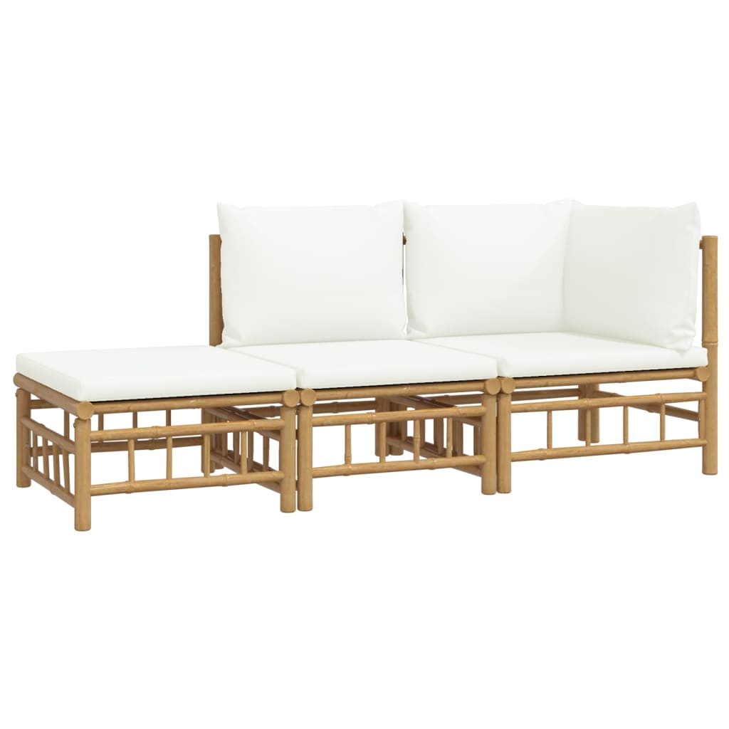 vidaXL 3 Piece Patio Lounge Set with Cream White Cushions Bamboo