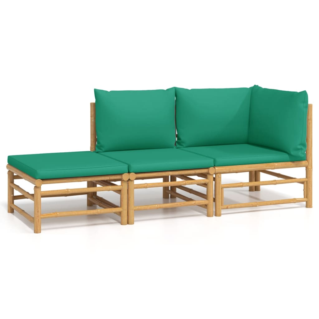 vidaXL 3 Piece Patio Lounge Set with Green Cushions Bamboo