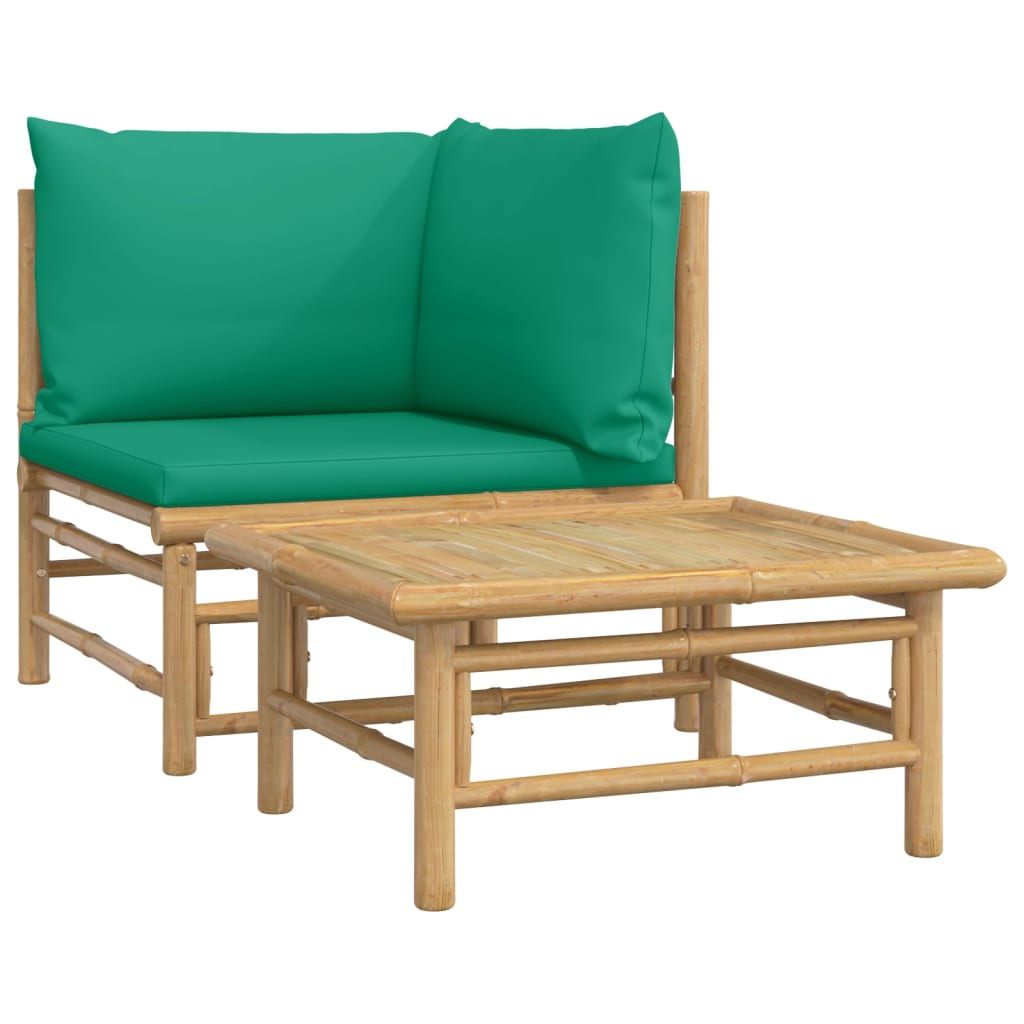 vidaXL 2 Piece Patio Lounge Set with Green Cushions Bamboo