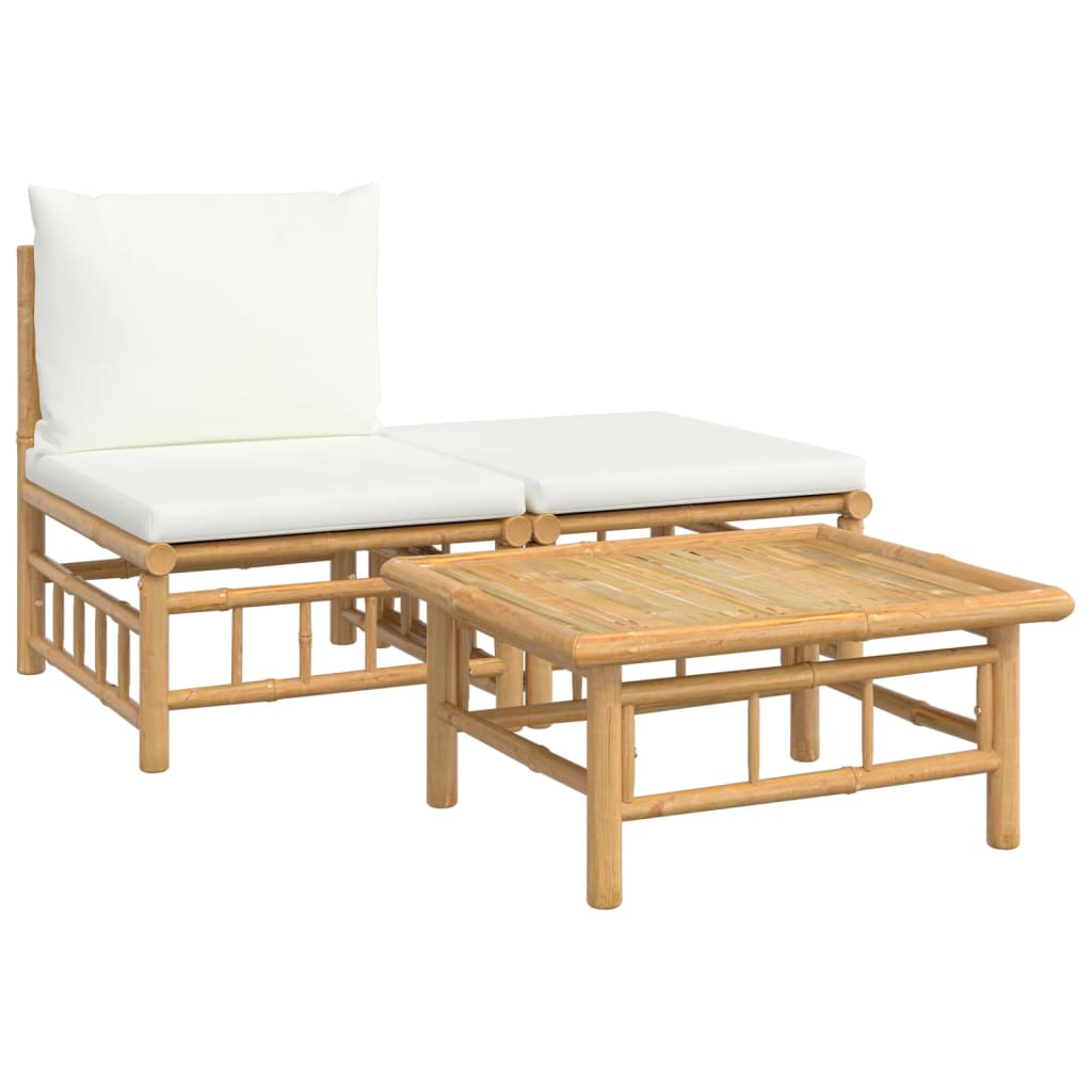 vidaXL 3 Piece Patio Lounge Set with Cream White Cushions Bamboo