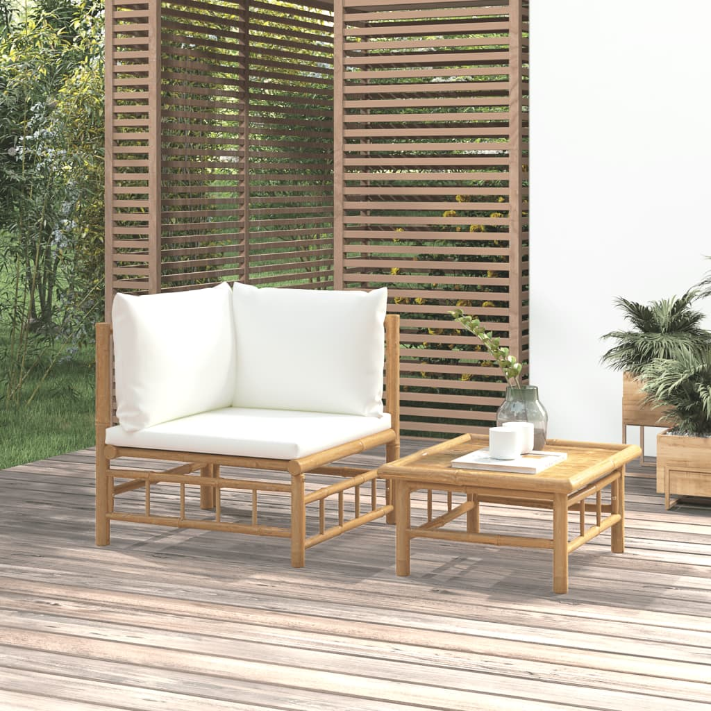 vidaXL 2 Piece Patio Lounge Set with Cream White Cushions Bamboo