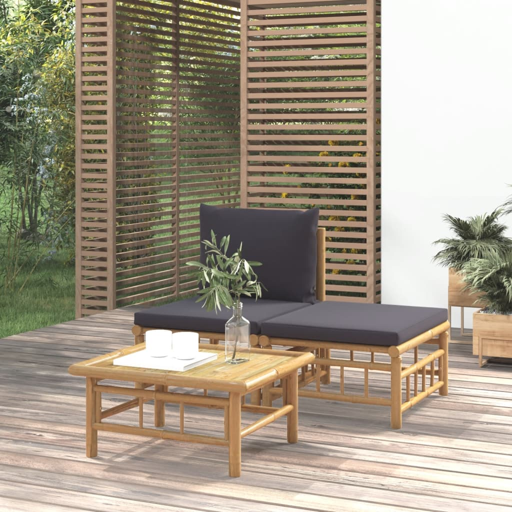 vidaXL 3 Piece Patio Lounge Set with Dark Gray Cushions Bamboo