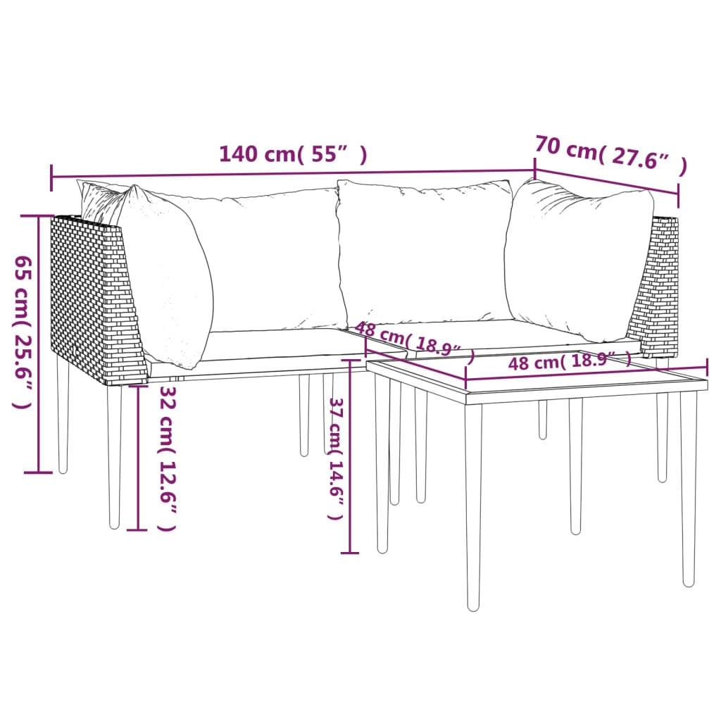 vidaXL 3 Piece Patio Lounge Set with Cushions Gray Poly Rattan