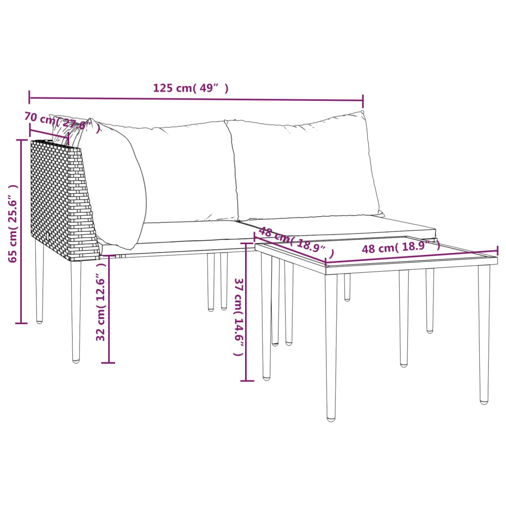 vidaXL 3 Piece Patio Lounge Set with Cushions Gray Poly Rattan