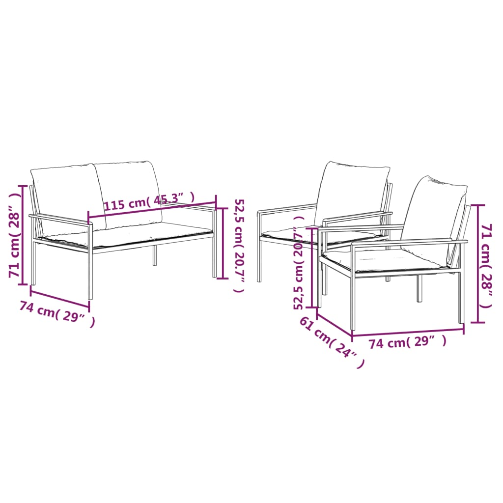 vidaXL 3 Piece Patio Lounge Set with Cushions Anthracite Steel