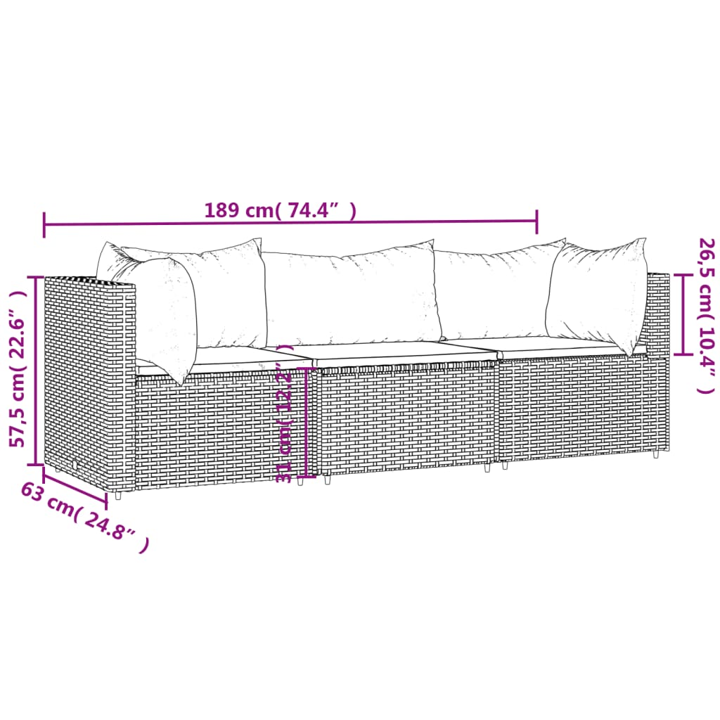 vidaXL 3 Piece Patio Lounge Set with Cushions Brown Poly Rattan