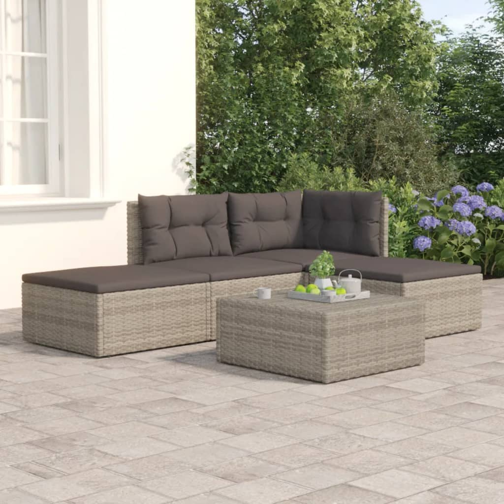 vidaXL 4 Piece Patio Lounge Set with Cushions Gray Poly Rattan