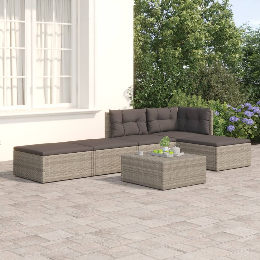 vidaXL 5 Piece Patio Lounge Set with Cushions Gray Poly Rattan