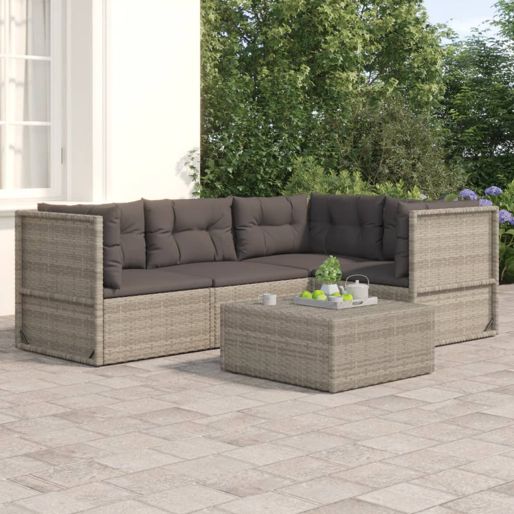 vidaXL 4 Piece Patio Lounge Set with Cushions Gray Poly Rattan