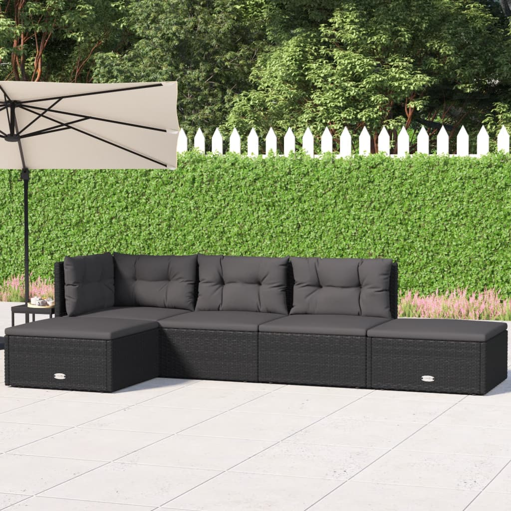 vidaXL 5 Piece Patio Lounge Set with Cushions Black Poly Rattan