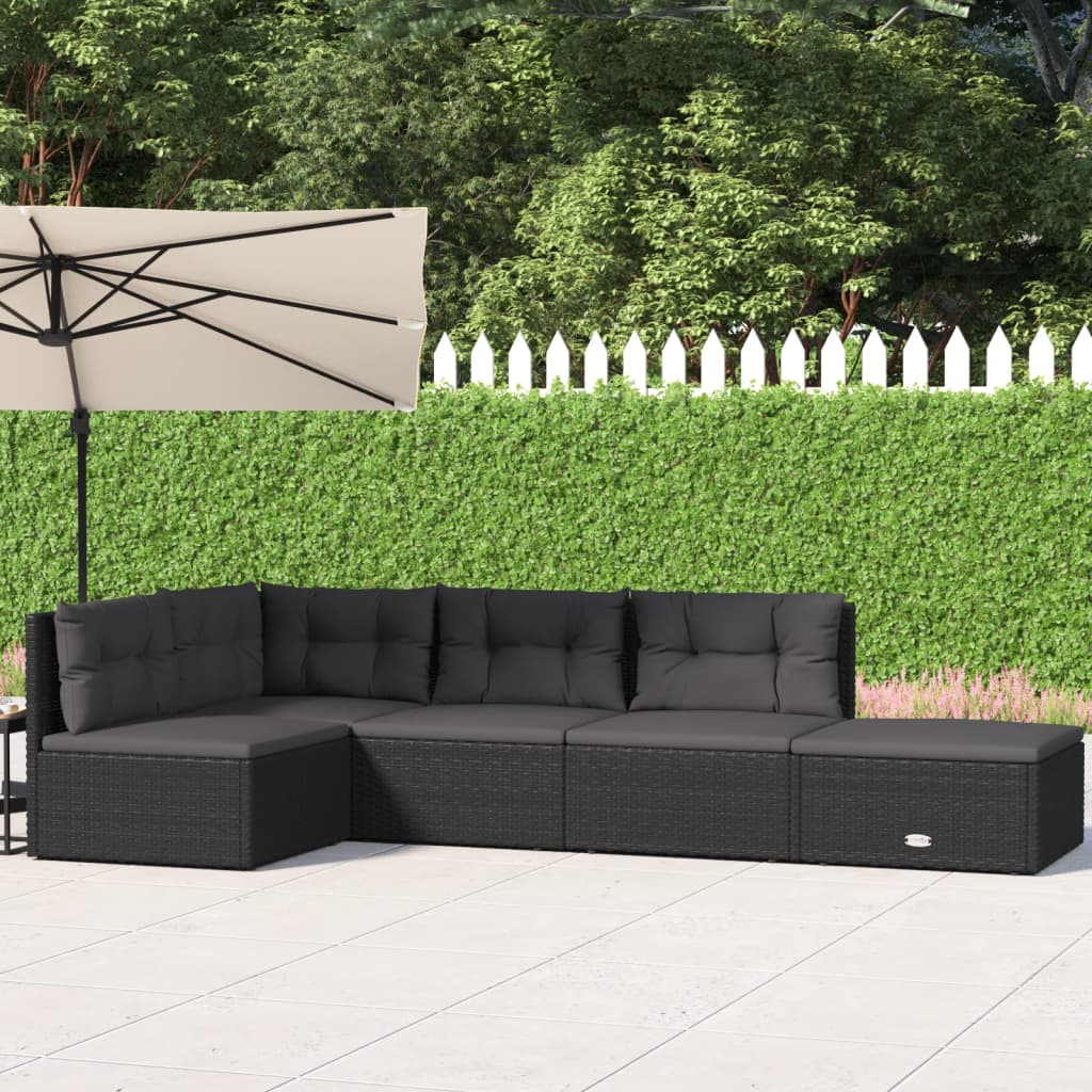 vidaXL 5 Piece Patio Lounge Set with Cushions Black Poly Rattan