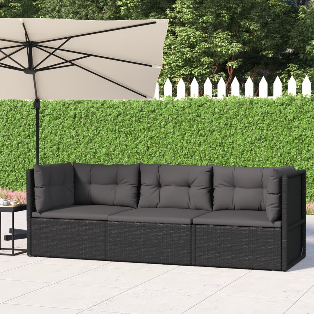 vidaXL 3 Piece Patio Lounge Set with Cushions Black Poly Rattan