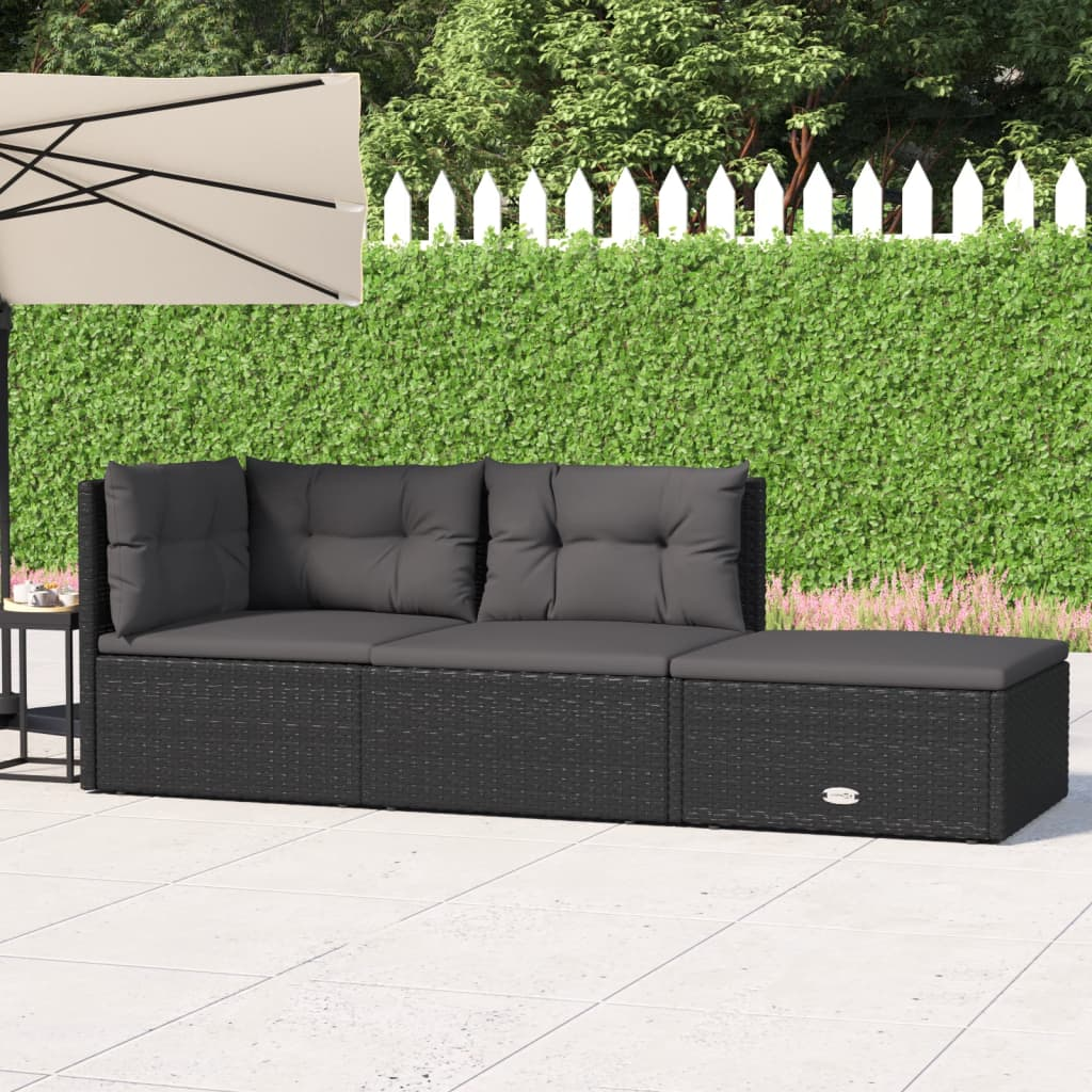 vidaXL 3 Piece Patio Lounge Set with Cushions Black Poly Rattan