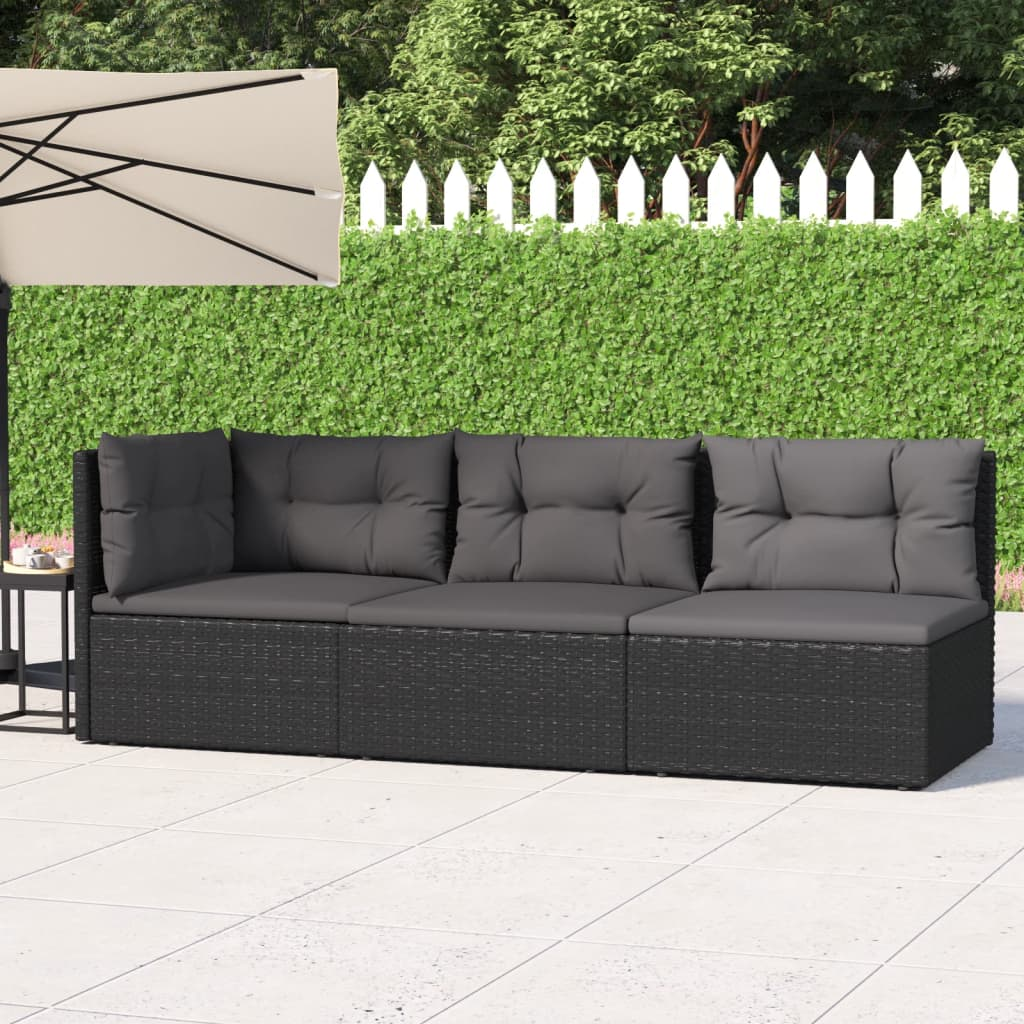 vidaXL 3 Piece Patio Lounge Set with Cushions Black Poly Rattan