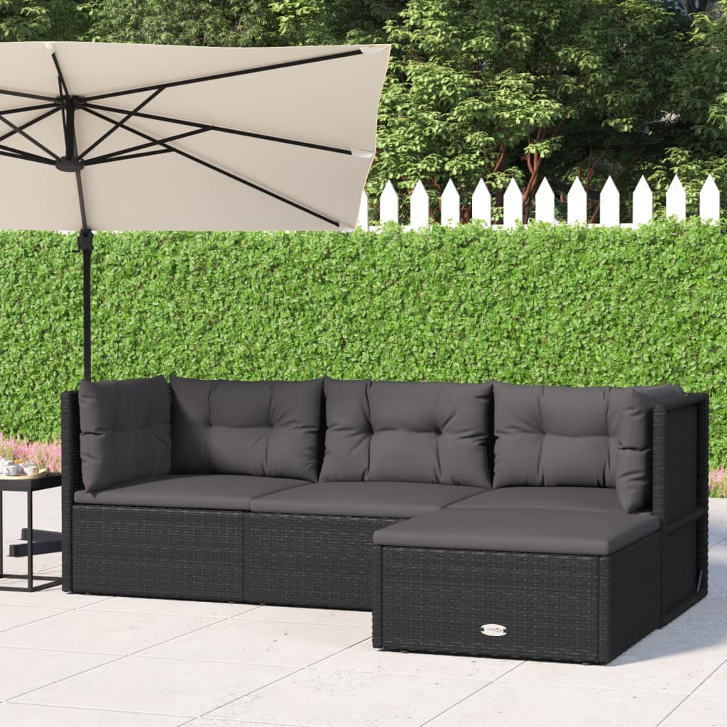 vidaXL 4 Piece Patio Lounge Set with Cushions Black Poly Rattan