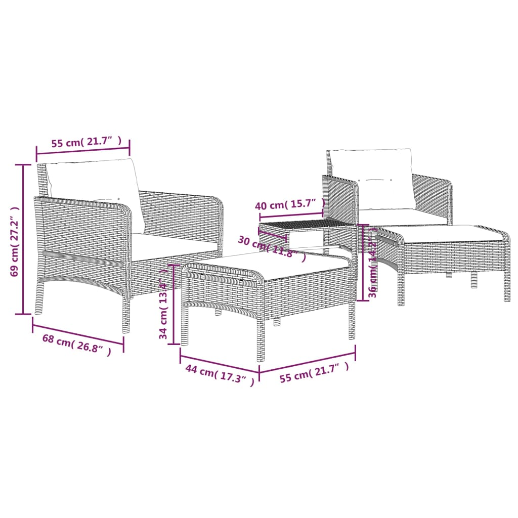 vidaXL 5 Piece Patio Lounge Set with Cushions Gray Poly Rattan