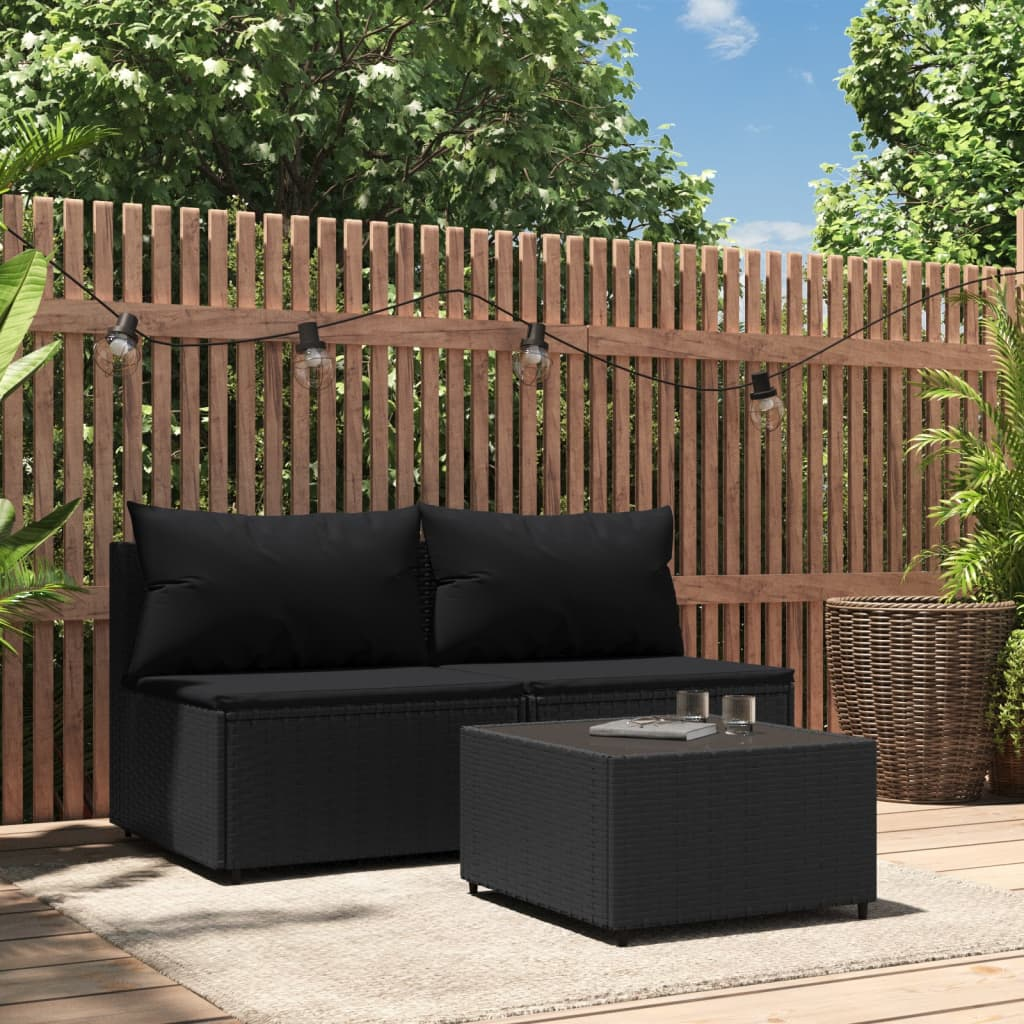 vidaXL 3 Piece Patio Lounge Set with Cushions Black Poly Rattan