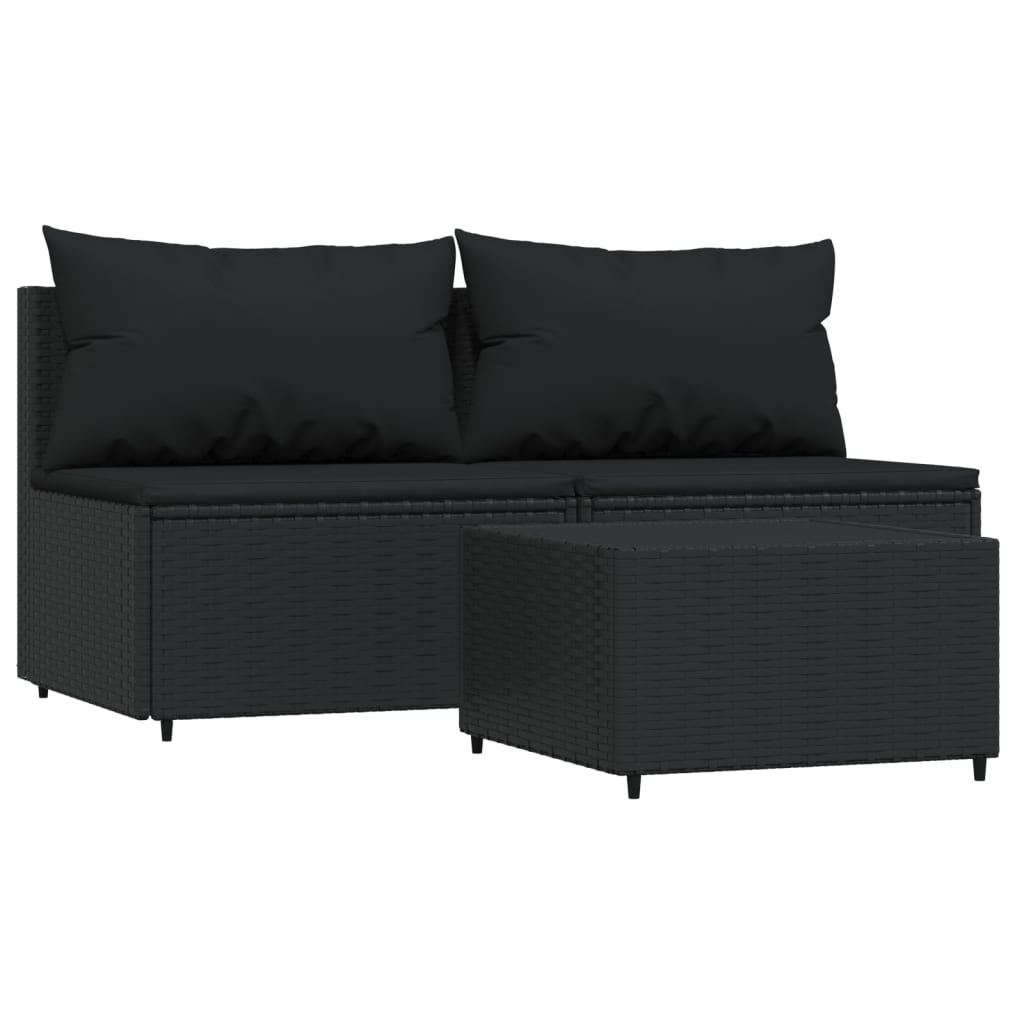 vidaXL 3 Piece Patio Lounge Set with Cushions Black Poly Rattan