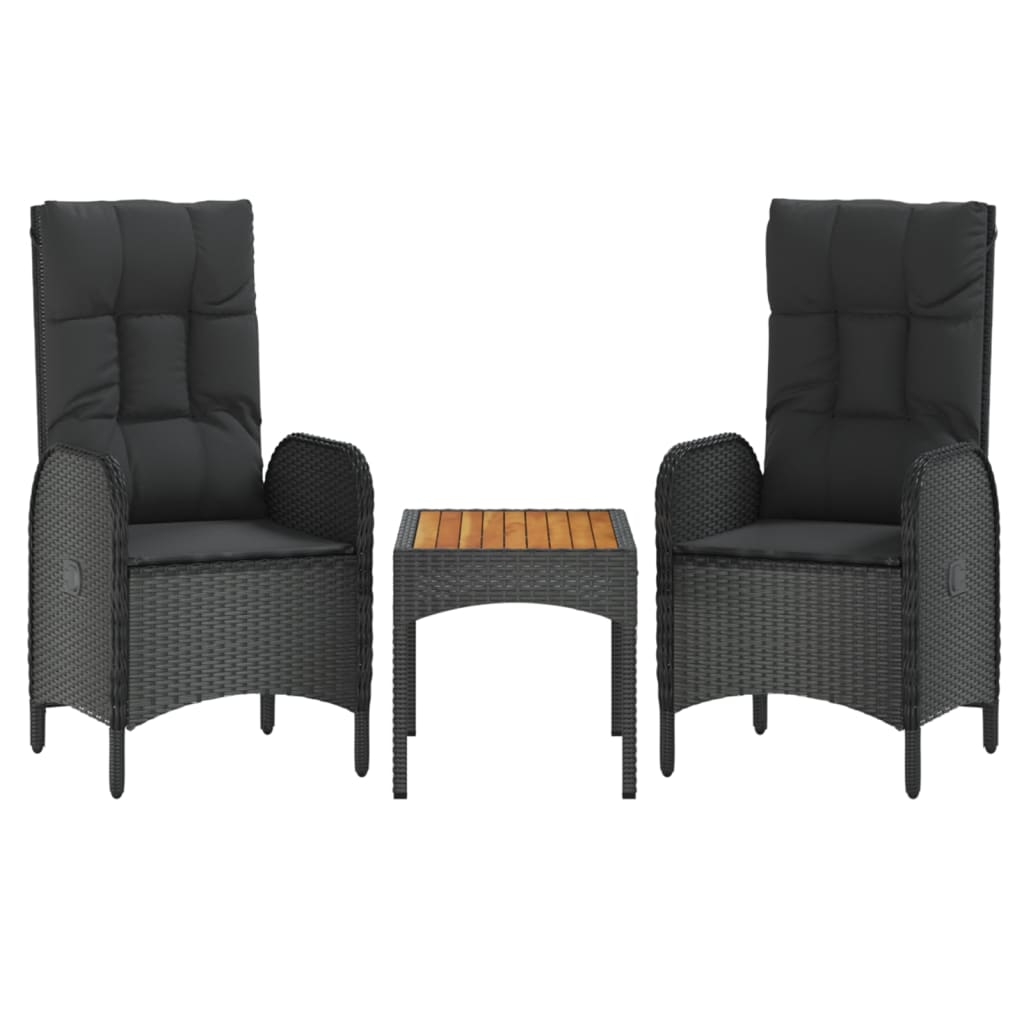 vidaXL 3 Piece Patio Lounge Set with Cushions Black Poly Rattan