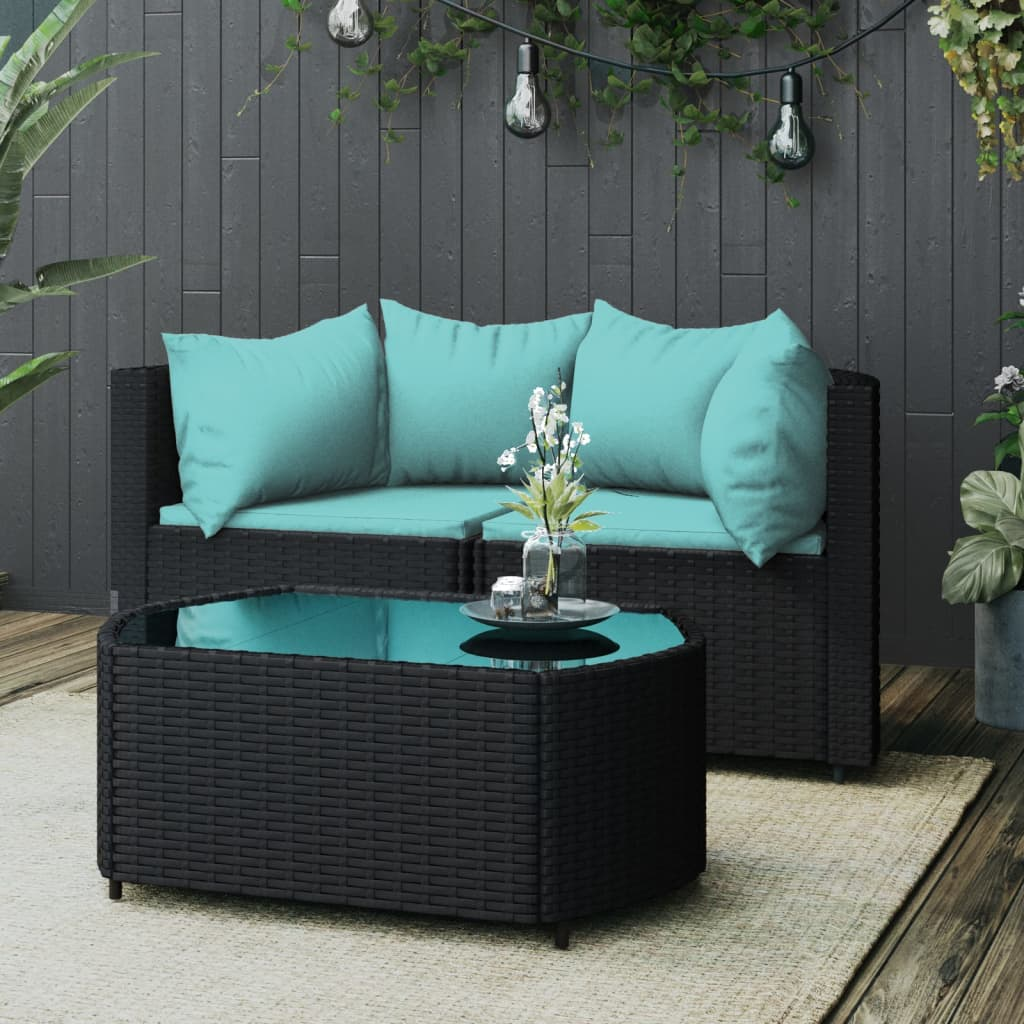 vidaXL 3 Piece Patio Lounge Set with Cushions Black Poly Rattan