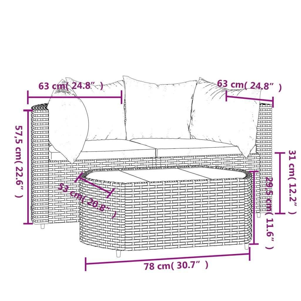 vidaXL 3 Piece Patio Lounge Set with Cushions Black Poly Rattan