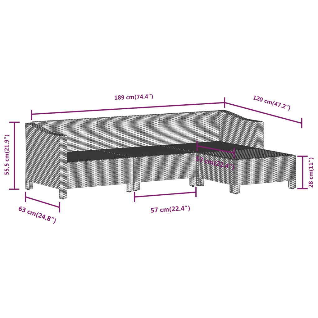 vidaXL 4 Piece Patio Lounge Set with Cushions Gray Poly Rattan