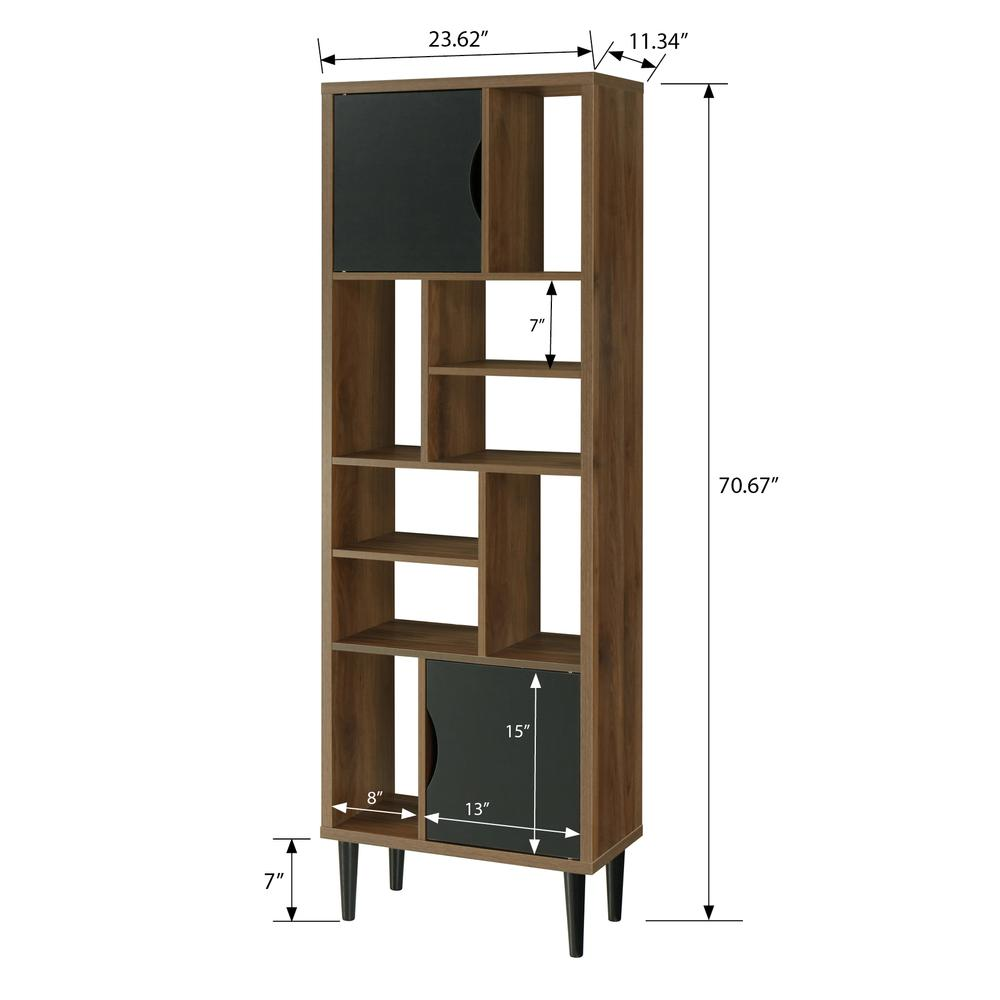 Mid Century Modern Accent Bookcase with Two Doors and 10 Storage Areas on Wood Legs