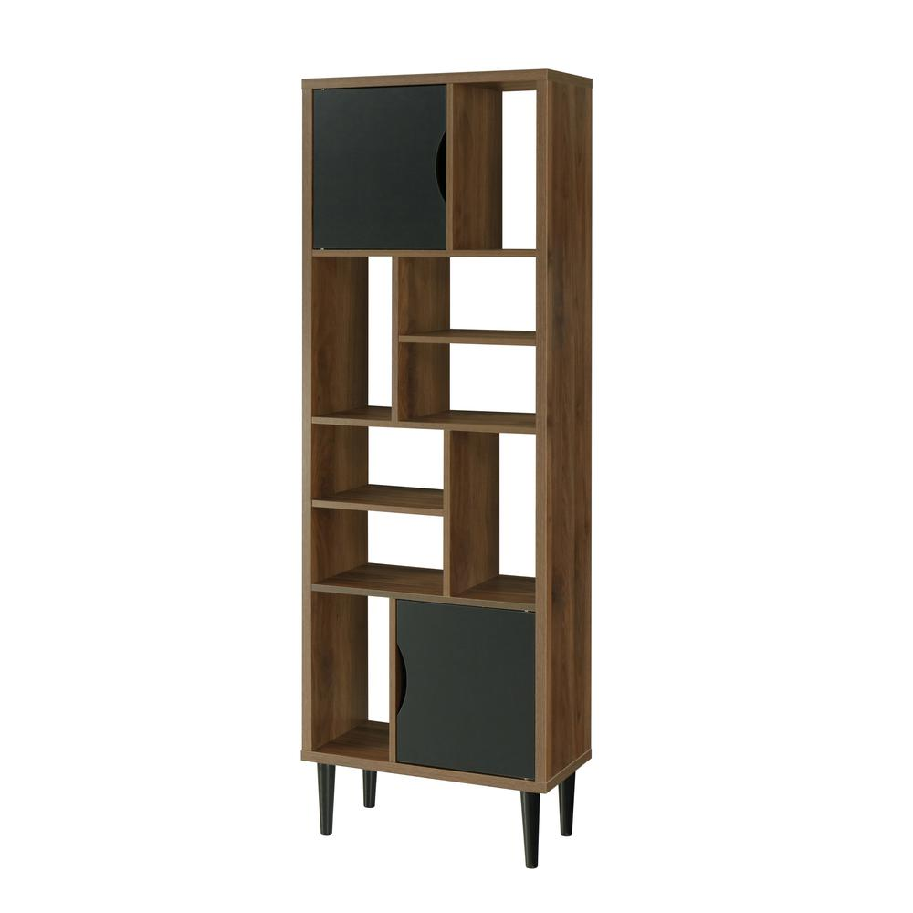 Mid Century Modern Accent Bookcase with Two Doors and 10 Storage Areas on Wood Legs