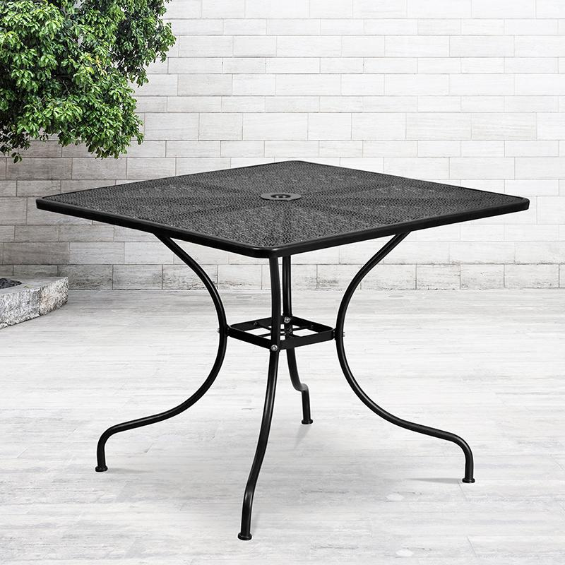 35.5" Square Black Indoor-Outdoor Steel Patio Table with Umbrella Hole