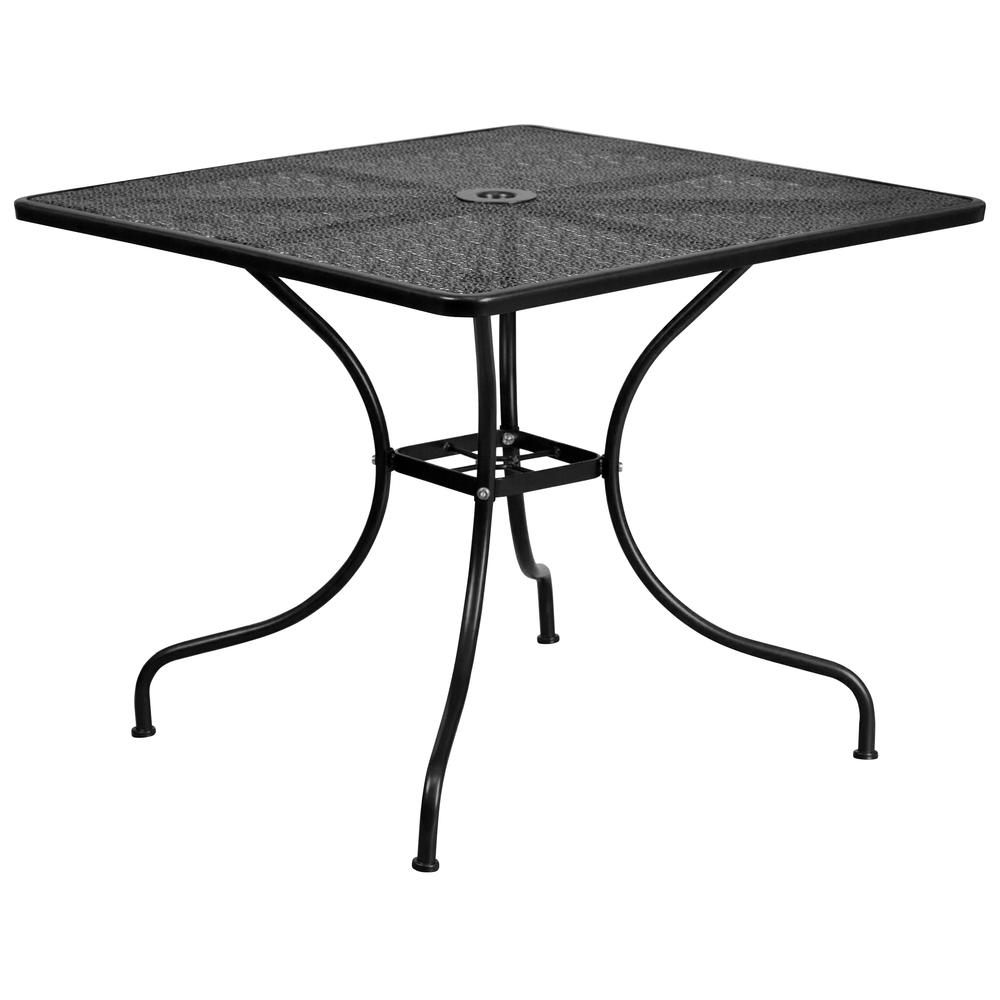 35.5" Square Black Indoor-Outdoor Steel Patio Table with Umbrella Hole