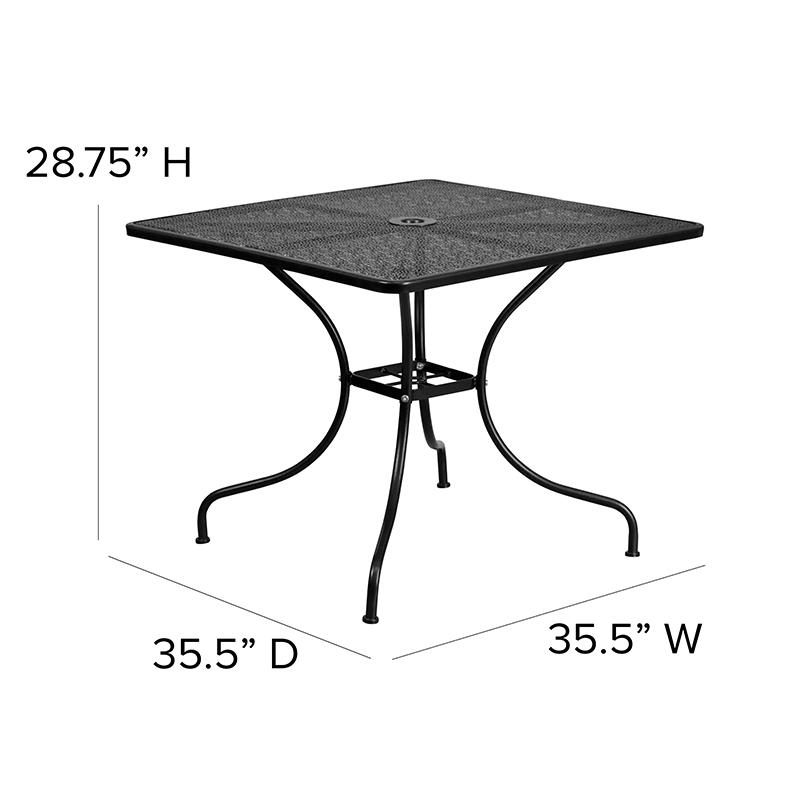 35.5" Square Black Indoor-Outdoor Steel Patio Table with Umbrella Hole