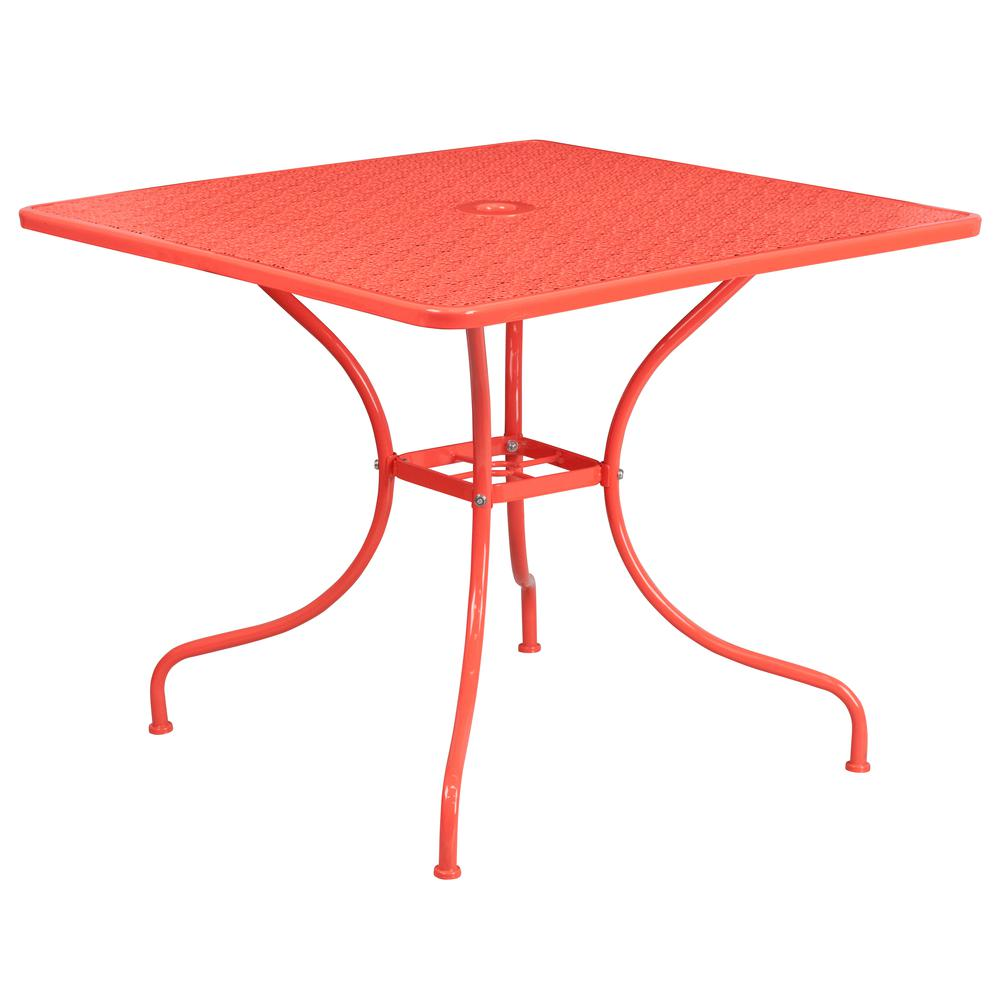 35.5" Square Coral Indoor-Outdoor Steel Patio Table with Umbrella Hole