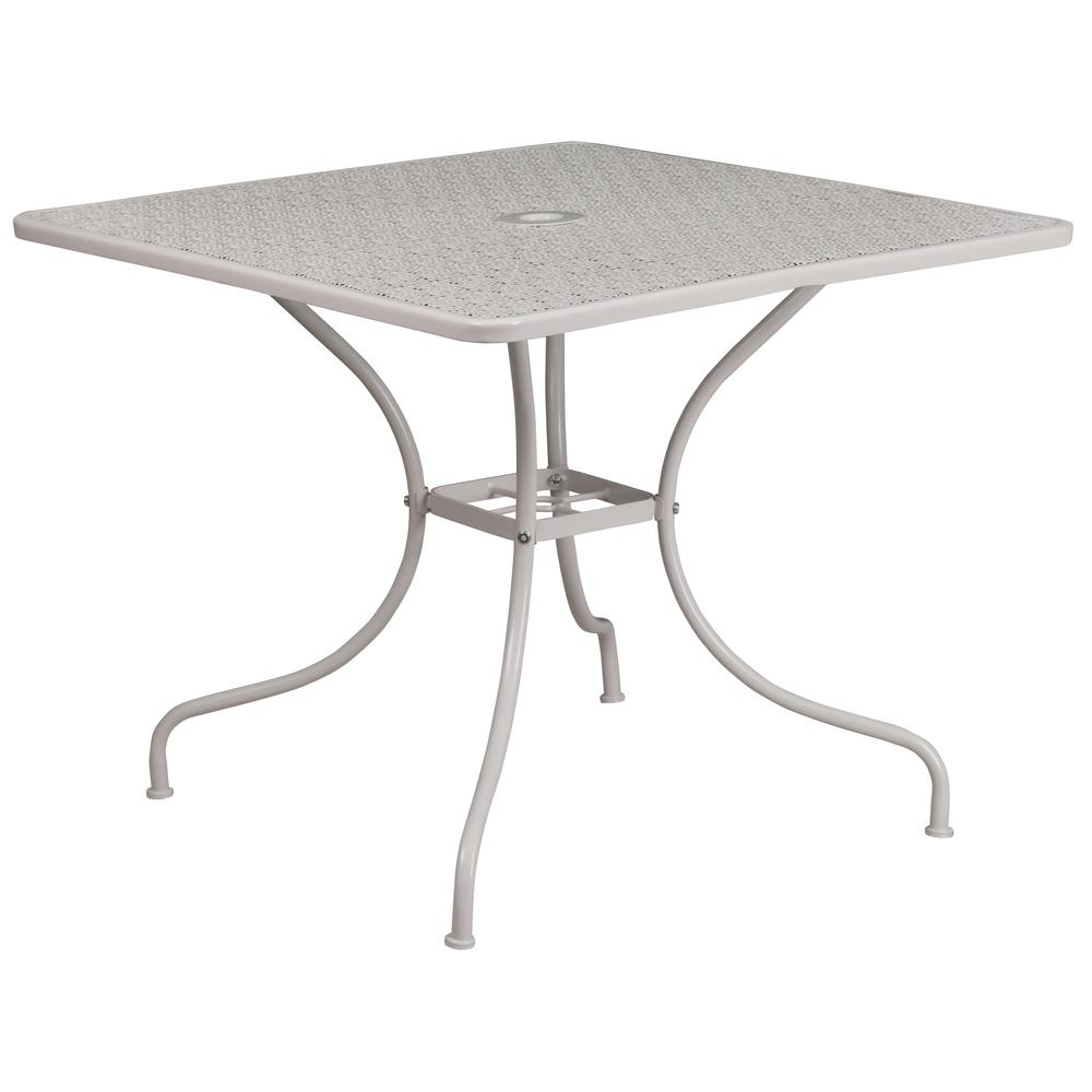 35.5" Square Light Gray Indoor-Outdoor Steel Patio Table with Umbrella Hole